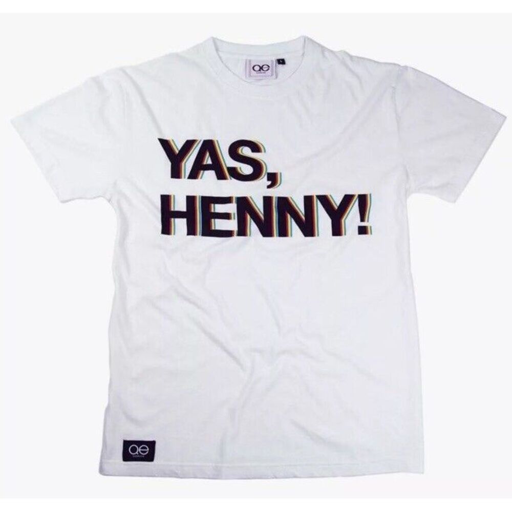 Queer Eye T-Shirt Tee "Yas, Henny" Rainbow Letters Unisex White Large LGBT NWT